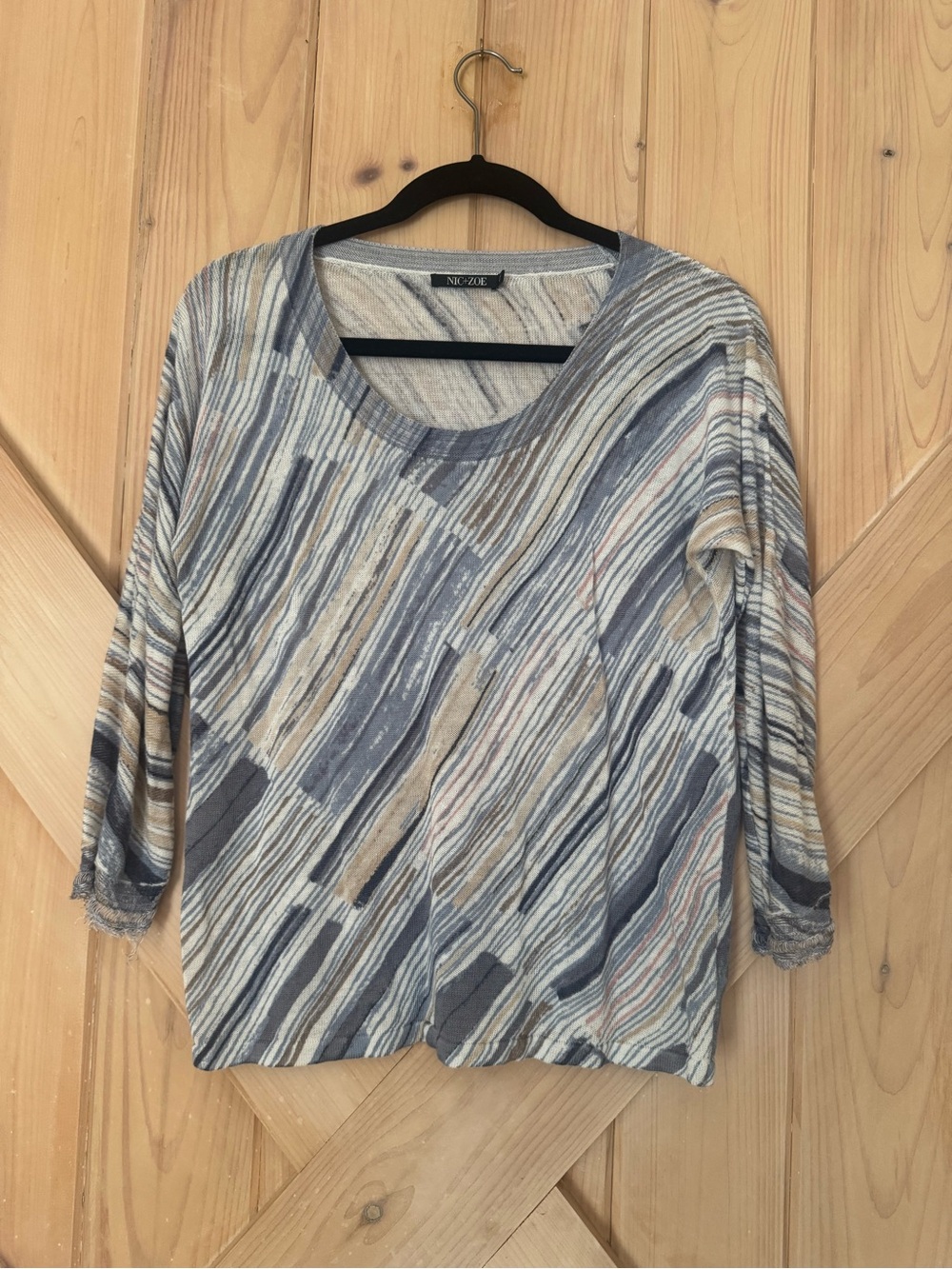 NIC+ZOE Multi-Striped Scoop Neck Long Sleeve Top in Blue and Cream